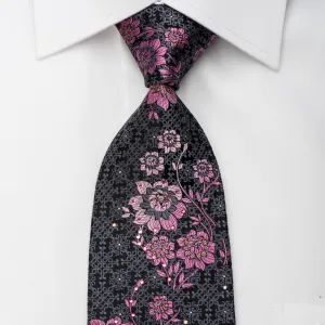 Perry Ellis Rhinestone Silk Necktie Pink Floral On Black With Sparkles