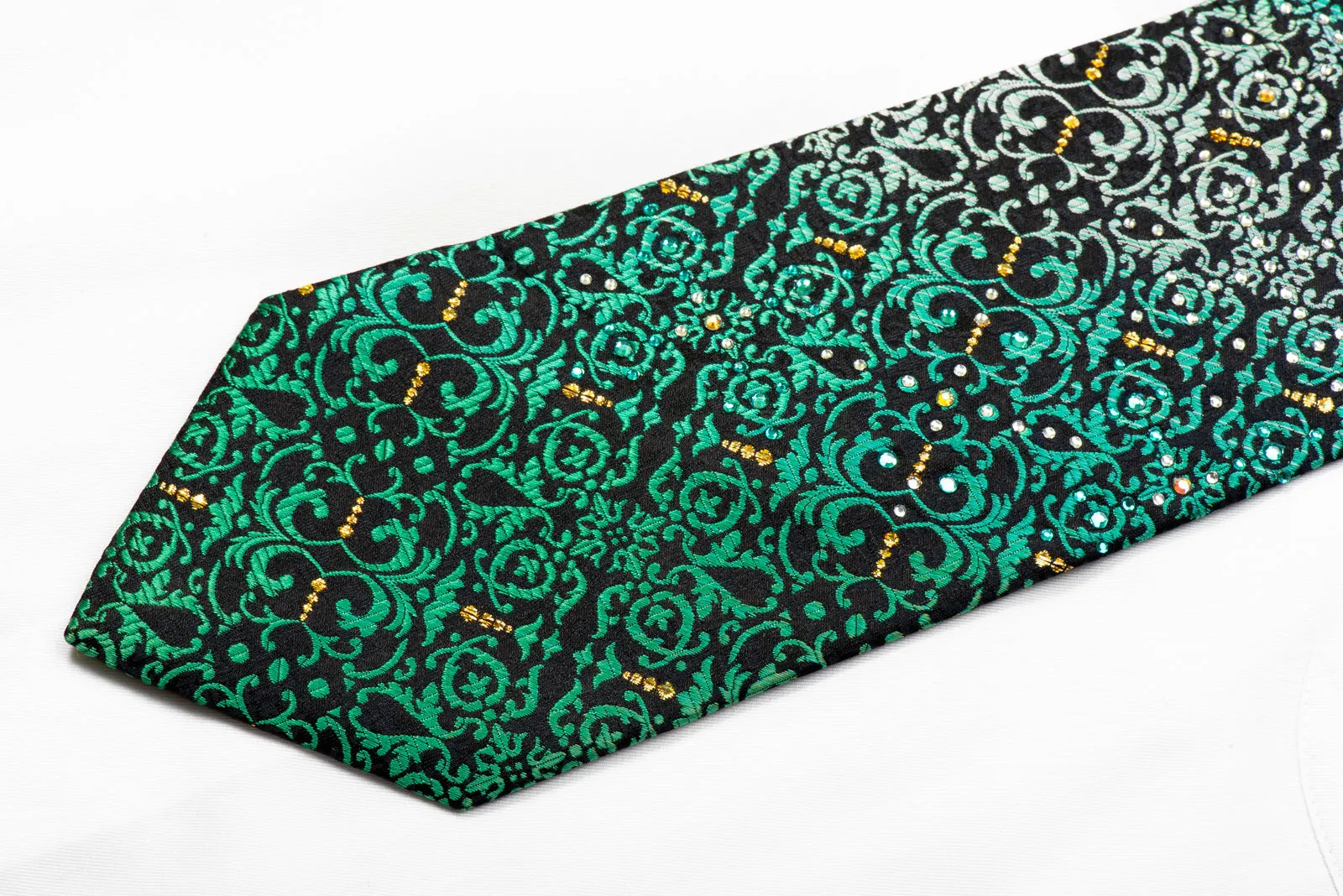 Perry Ellis Rhinestone Silk Tie Teal Acanthus On Black With Gold Sparkles