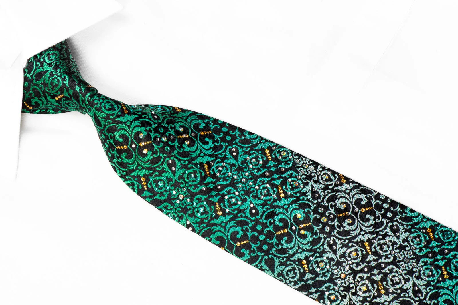 Perry Ellis Rhinestone Silk Tie Teal Acanthus On Black With Gold Sparkles