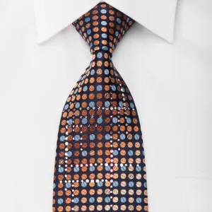 Perry Ellis Rhinestone Tie Blue Orange Dots On Navy With Silver Sparkles