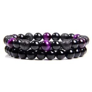 Perseverance Bracelet Trio: Purple Tiger's Eye, Black Onyx, and Lava Stone