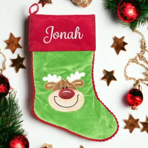 Personalised Green Reindeer Christmas Stocking