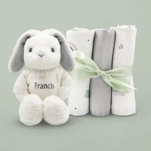 Personalised Little Grey Bunny with Trio of Little Love Muslins