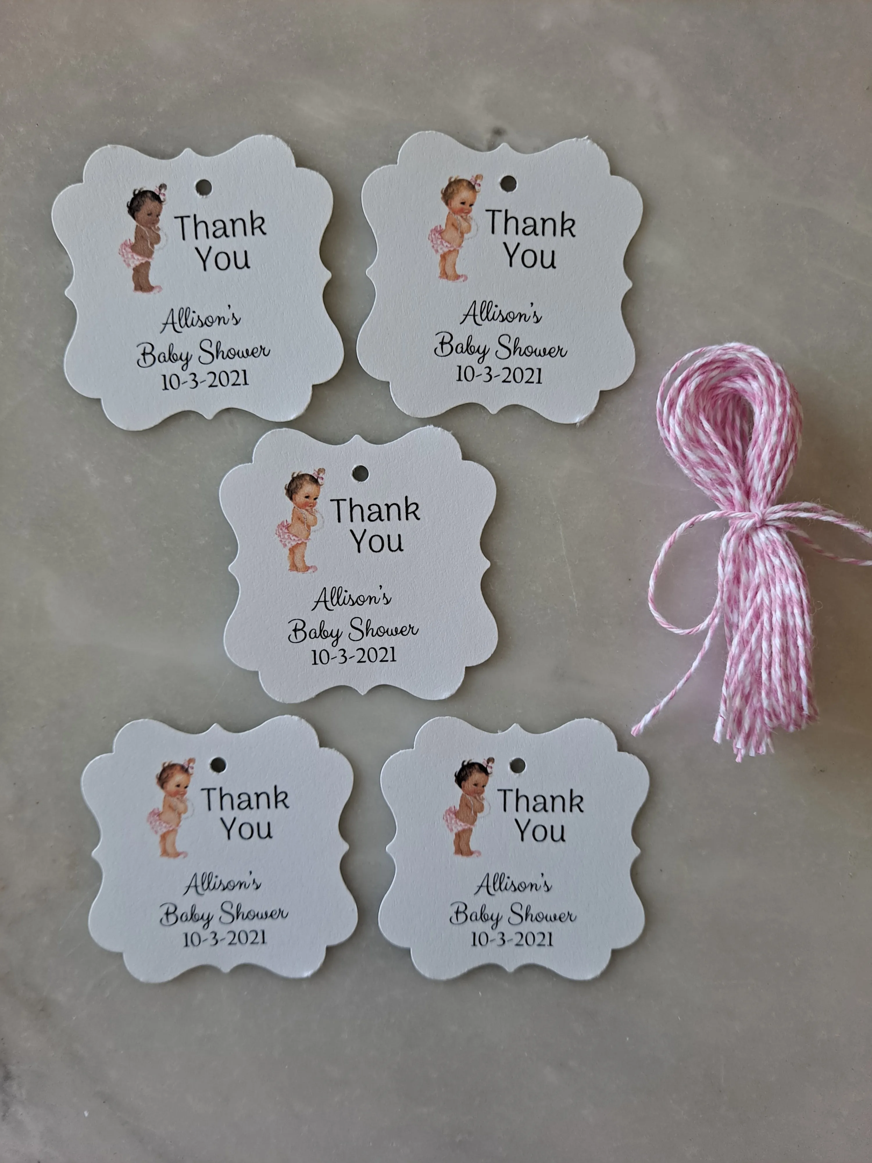 Personalized Baby Girl Shower Paper Tags 2" x 1.5", Set of 12