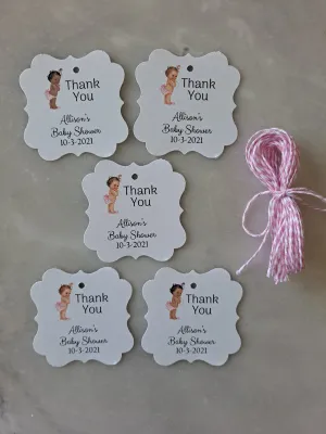 Personalized Baby Girl Shower Paper Tags 2" x 1.5", Set of 12