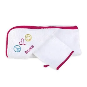 Personalized Basic Hooded Towel & Wash Mitt Set with Peace Love Happiness