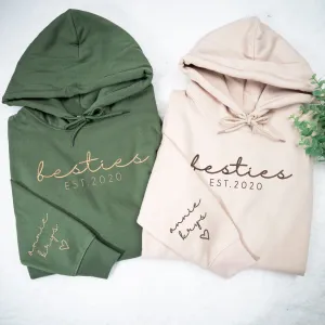 Personalized Bestie Hoodie, Personalized Bestie Embroidered Hoodie, Best Friend Hoodie, Names on Sleeve, Best Friend Gifts, Gifts For Friends, Valentine Gifts, Gifts for Her