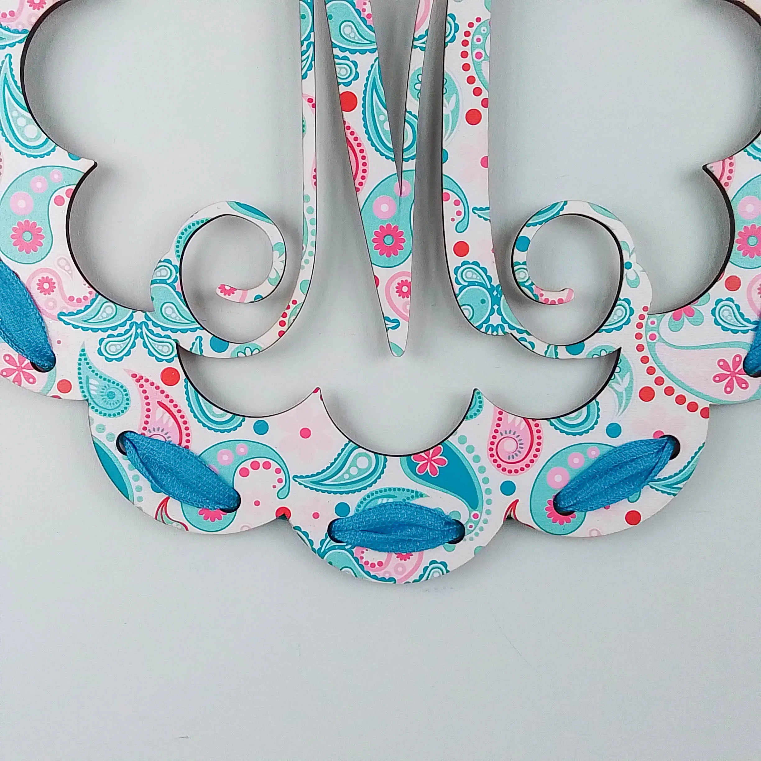 Personalized Birch Wood Door Hanger, Pastel Paisley Design, Letter Accent