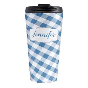 Personalized Blue Gingham Travel Mug