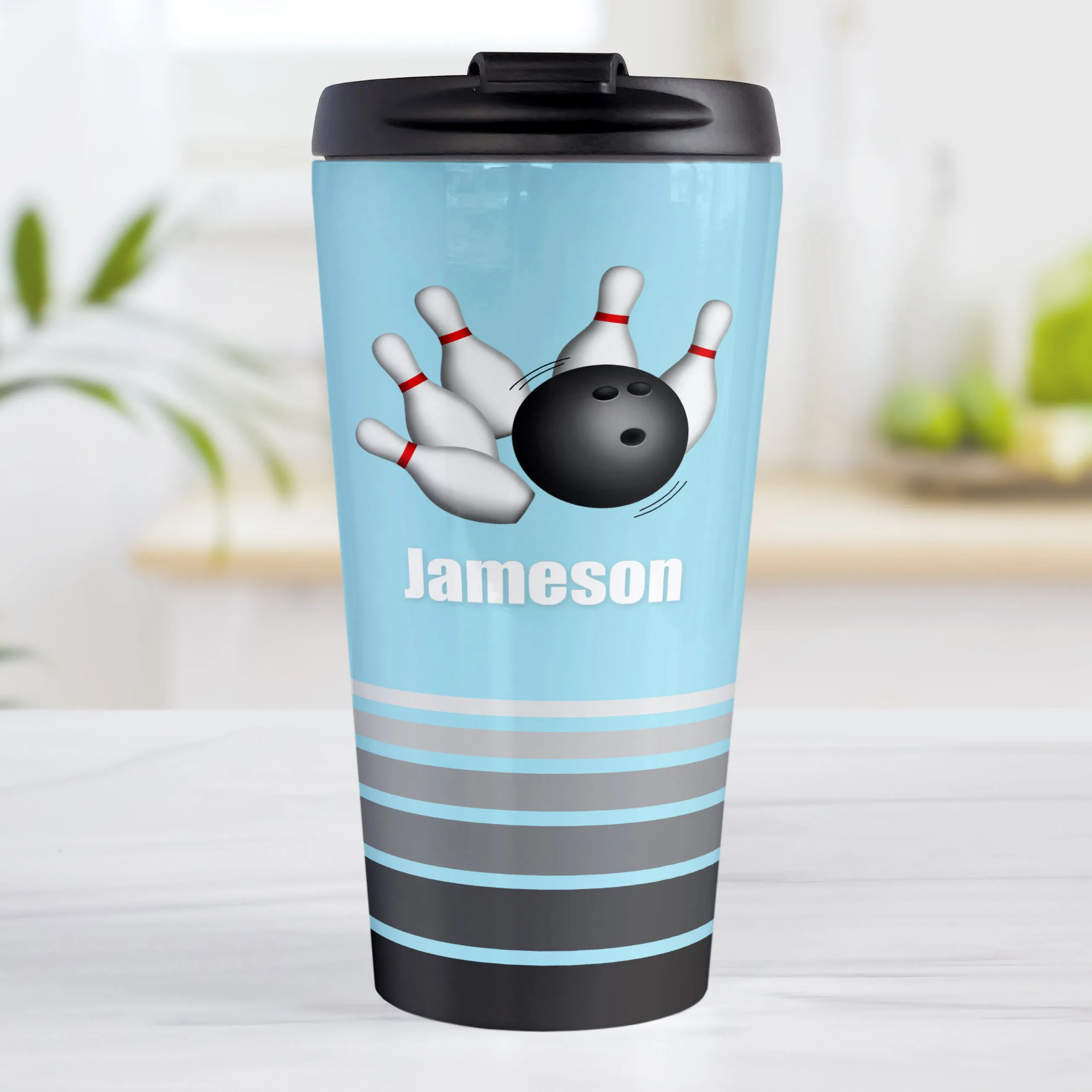 Personalized Bowling Ball and Pins Blue - Bowling Travel Mug