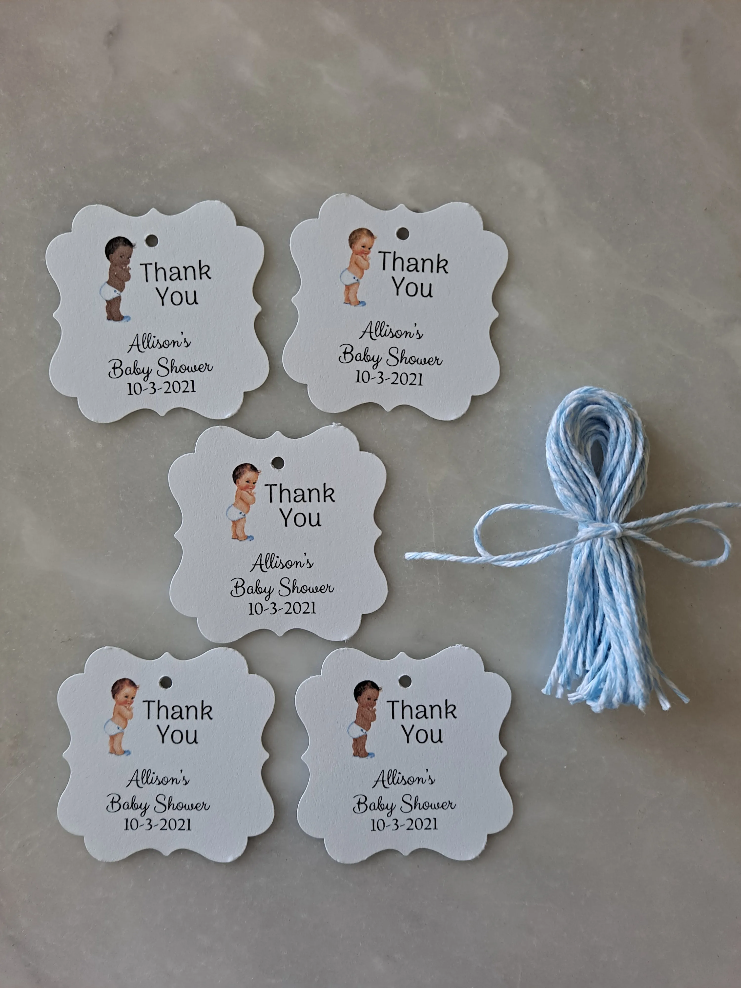 Personalized Boy Baby Shower Paper Tags 2" x 1.5", Set of 12