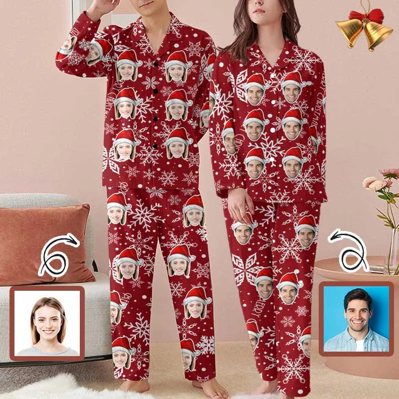 Personalized Couple Matching Long Pajama Set Custom Face Happy Christmas Red Sleepwear Slumber Party