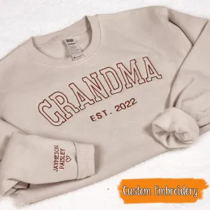 Personalized Embroidered Grandma Sweatshirt with grandkids names, Custom Name Embroidered Kids On Sleeve