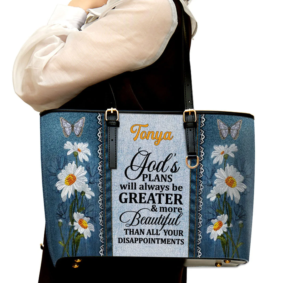 Personalized Large Leather Tote Bag Daisy & Butterfly God's Plans Will Always Be Greater Than All Your Disappointments