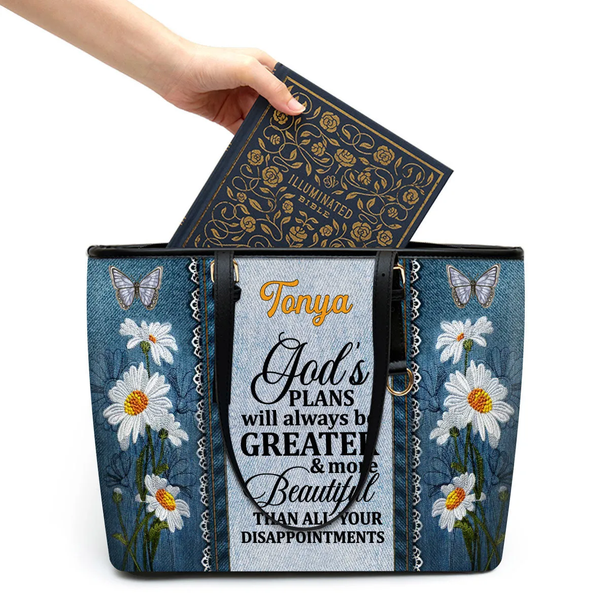 Personalized Large Leather Tote Bag Daisy & Butterfly God's Plans Will Always Be Greater Than All Your Disappointments