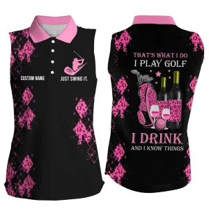 Personalized leopard Women sleeveless polo shirt multicolor, funny golf wine That's what I do, I play golf drink