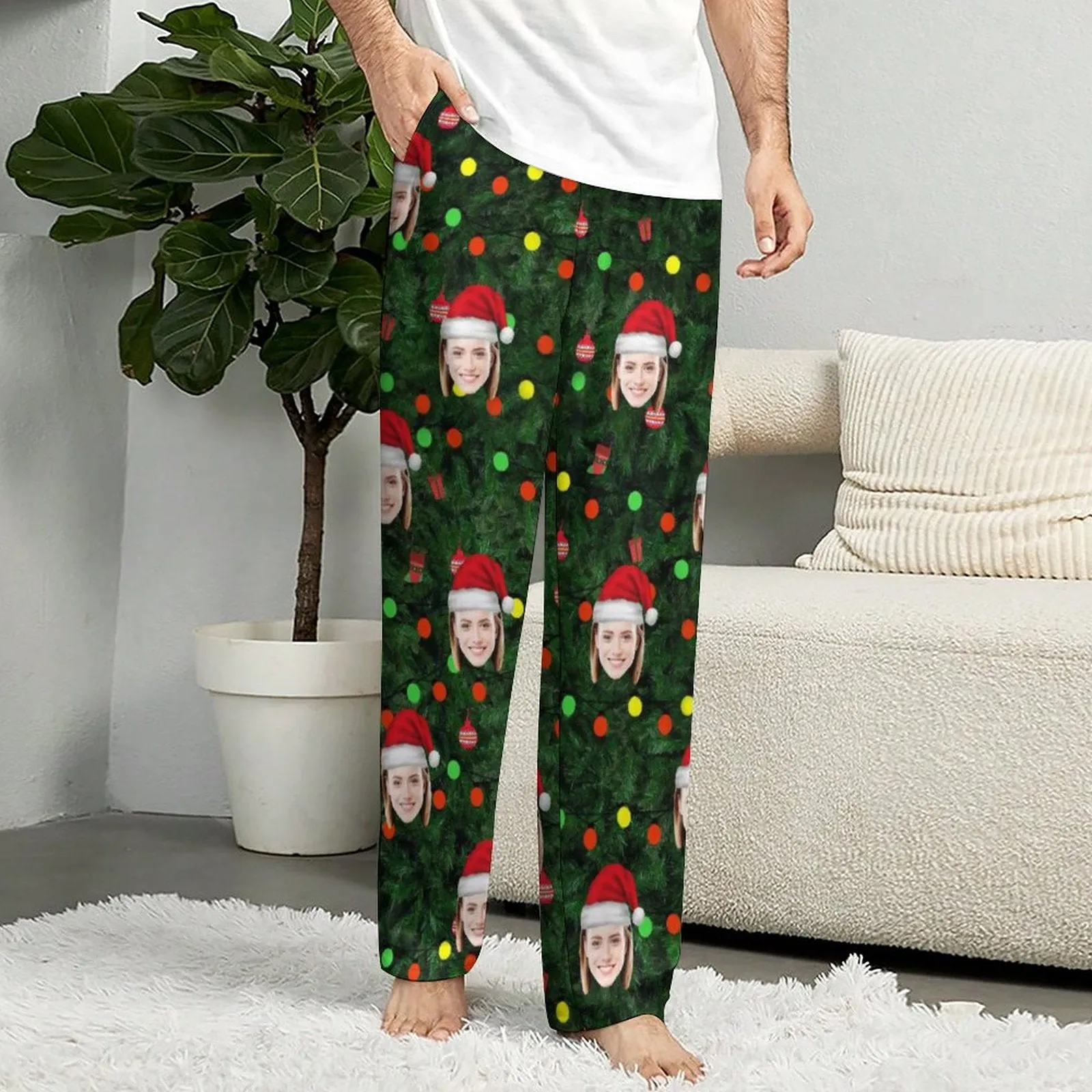 Personalized Long Pajama Pants Unisex Lacing Custom Face Christmas Hat Green and Black Sleepwear Slumber Party