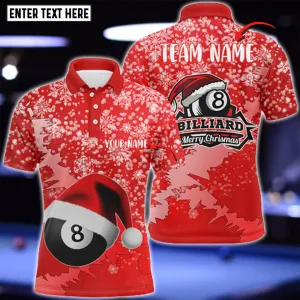 Personalized Merry Christmas Red Snow 8 Ball Pool Billiards 3D Polo Shirt, Gift for Billiard Lovers