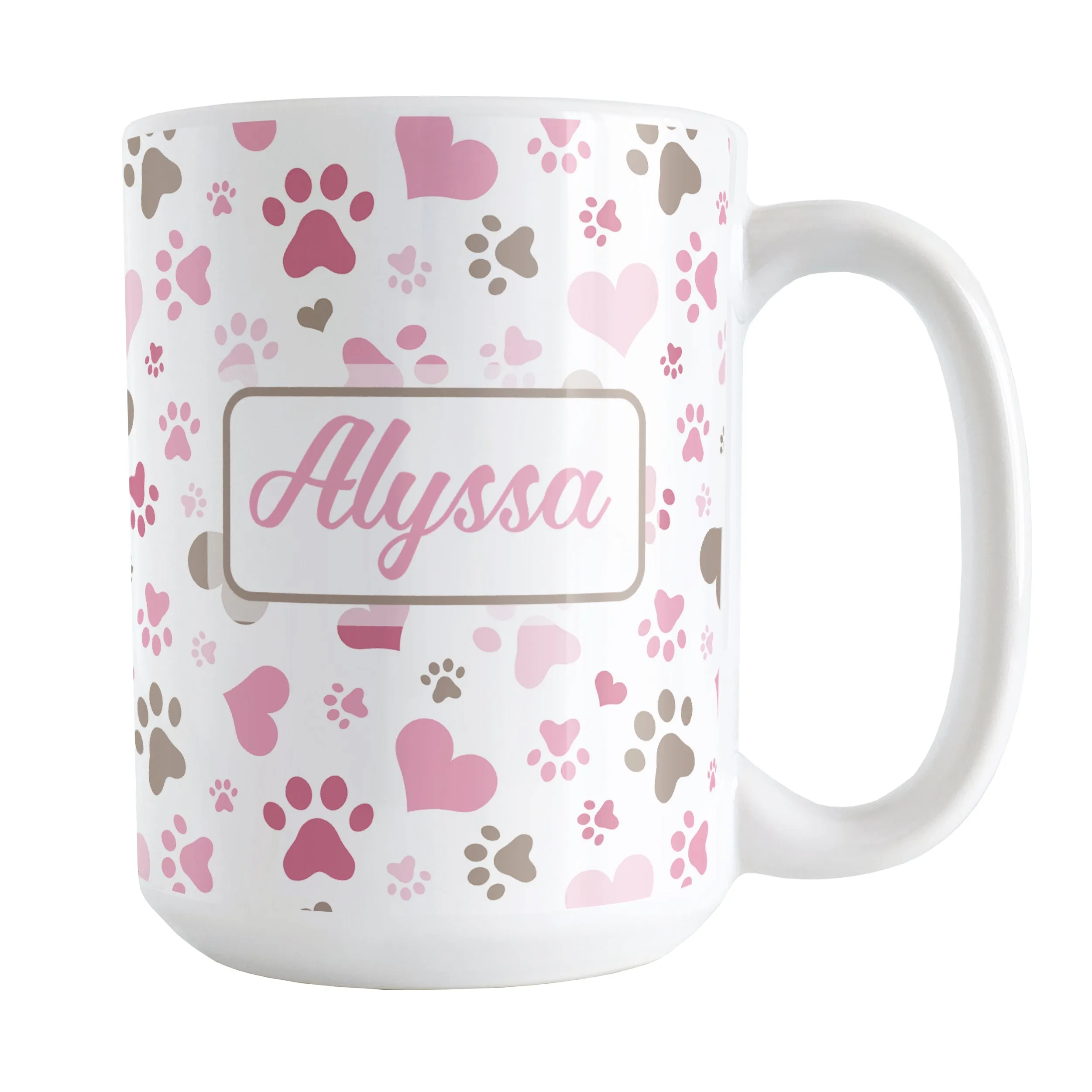 Personalized Pink Hearts and Paw Prints Mug