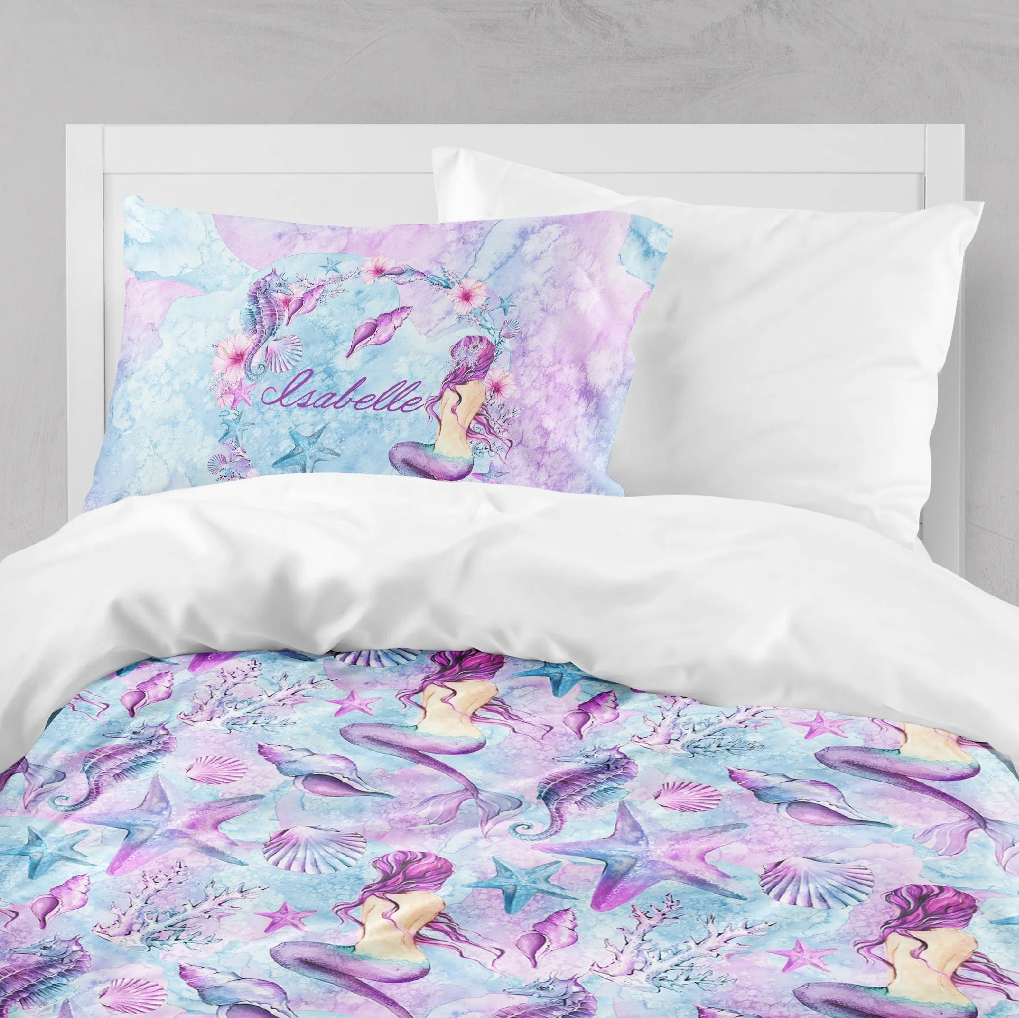 Personalized Purple Watercolor Mermaid Crib and Toddler Bedding Collection