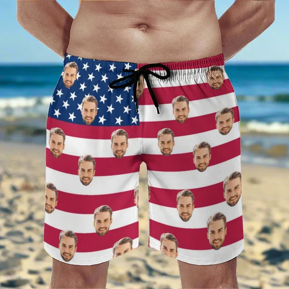 Personalized Swim Trunks Custom Face American Flag Men's Quick Dry Swim Shorts Beach Swimsuit