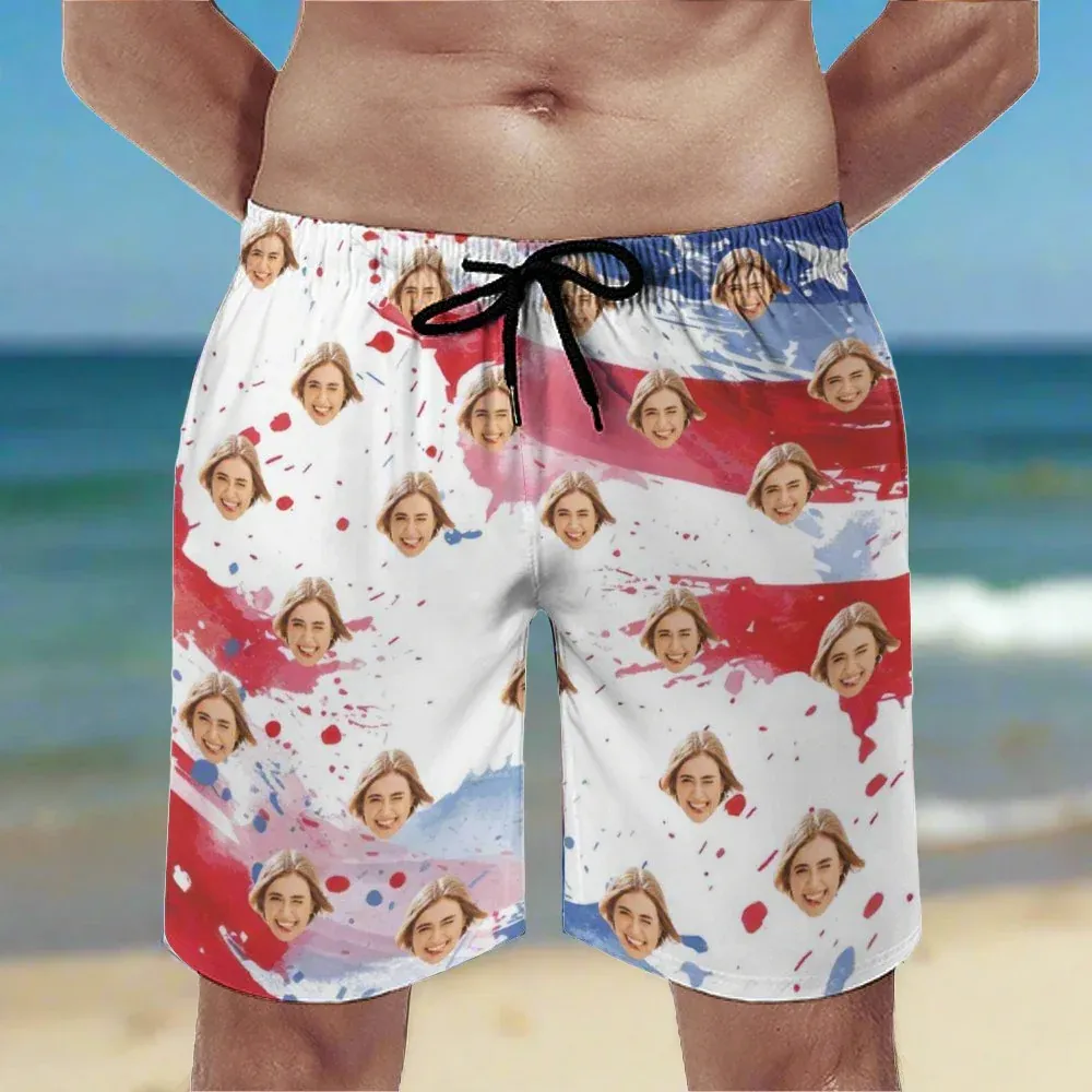 Personalized Swim Trunks Custom Face American Flag Men's Quick Dry Swim Shorts Beach Swimsuit