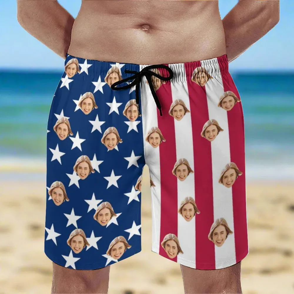 Personalized Swim Trunks Custom Face American Flag Men's Quick Dry Swim Shorts Beach Swimsuit