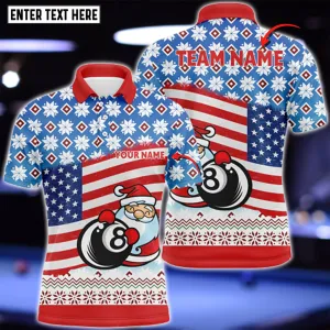 Personalized US Flag 8 Ball Pool With Santa Christmas Billiard 3D Polo Shirt