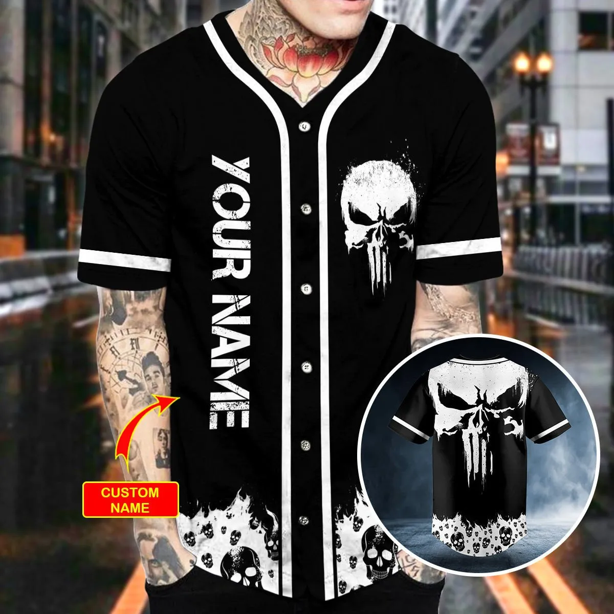 Personalized White Punisher Skull Custom Name Baseball Jersey, Skull Jersey Shirt