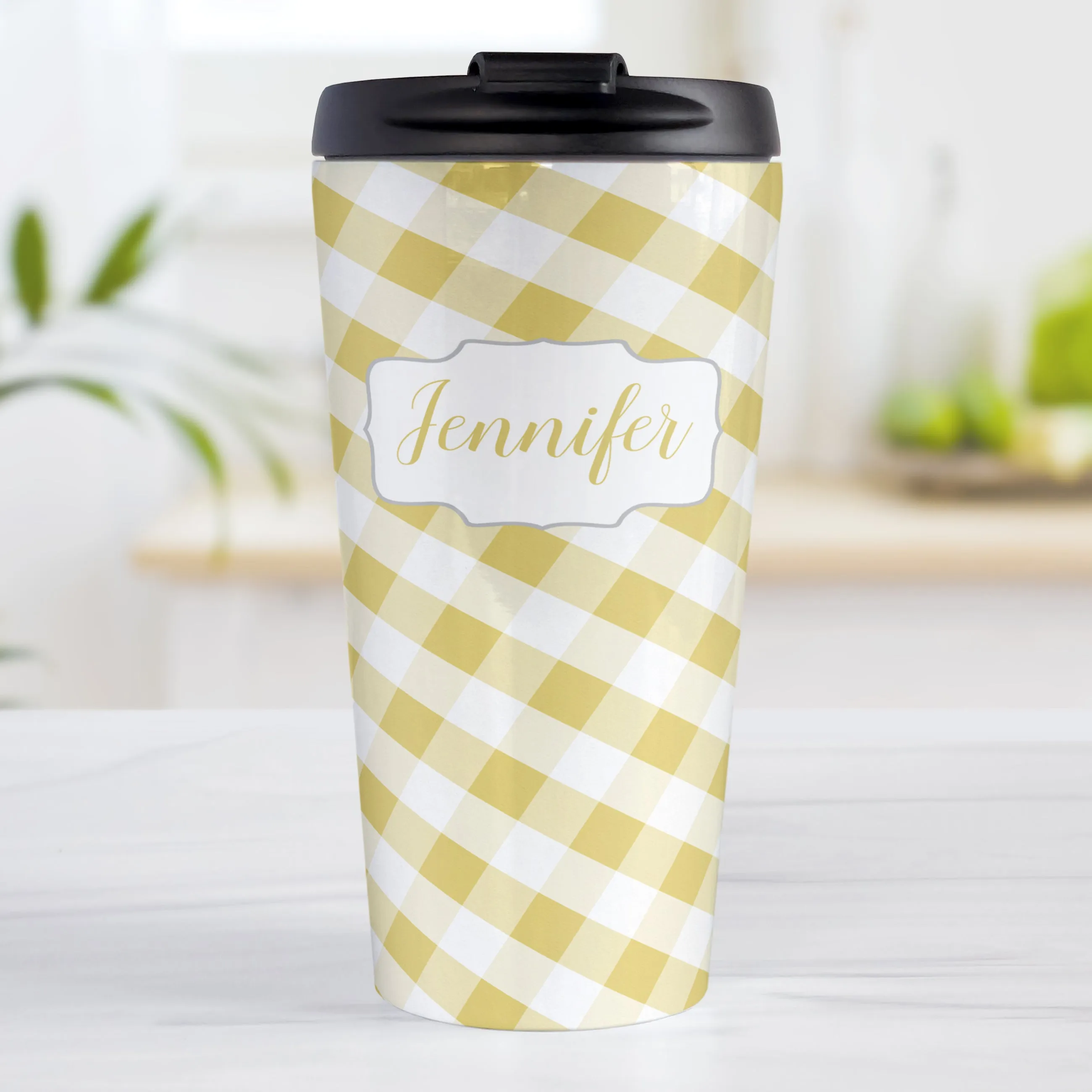 Personalized Yellow Gingham Travel Mug