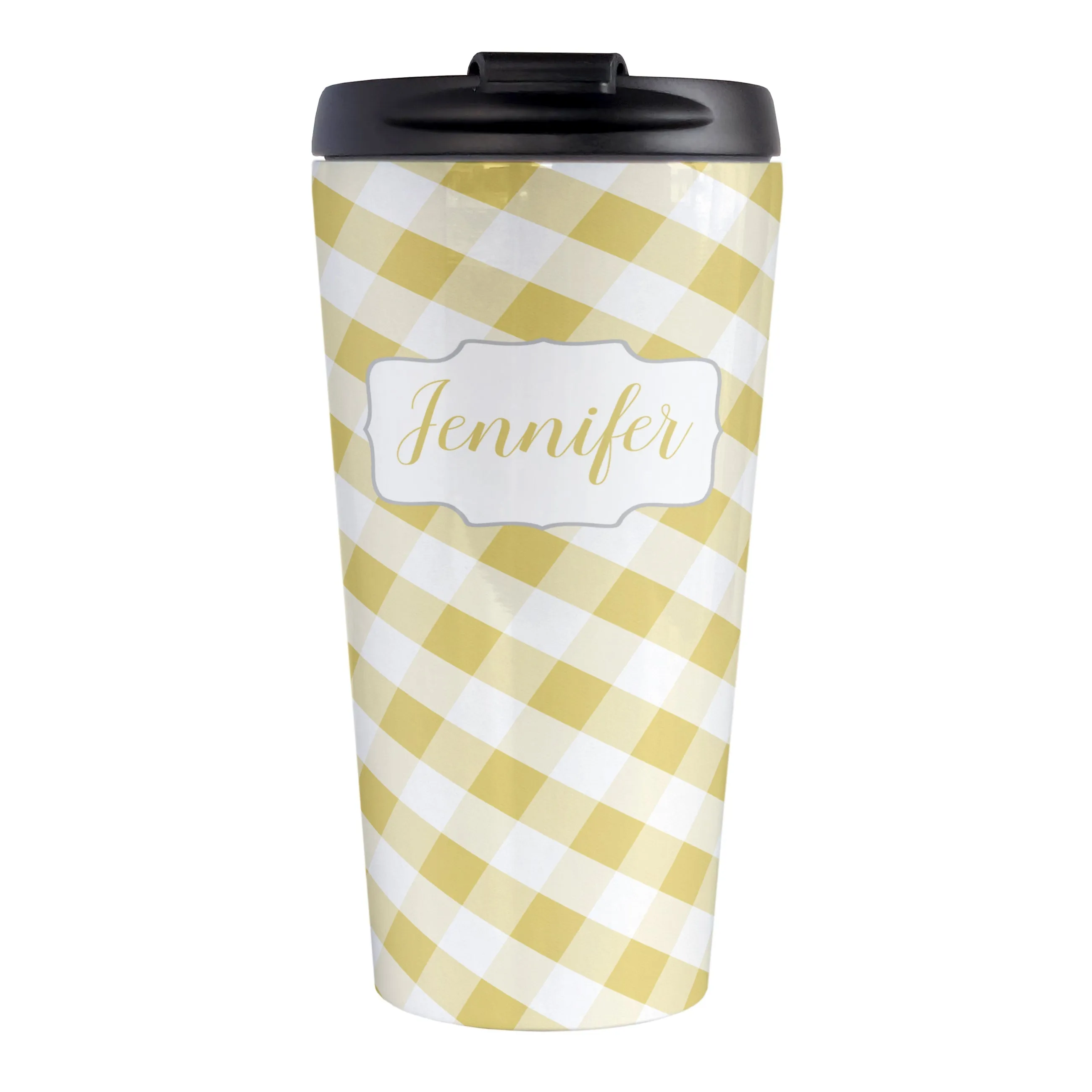 Personalized Yellow Gingham Travel Mug