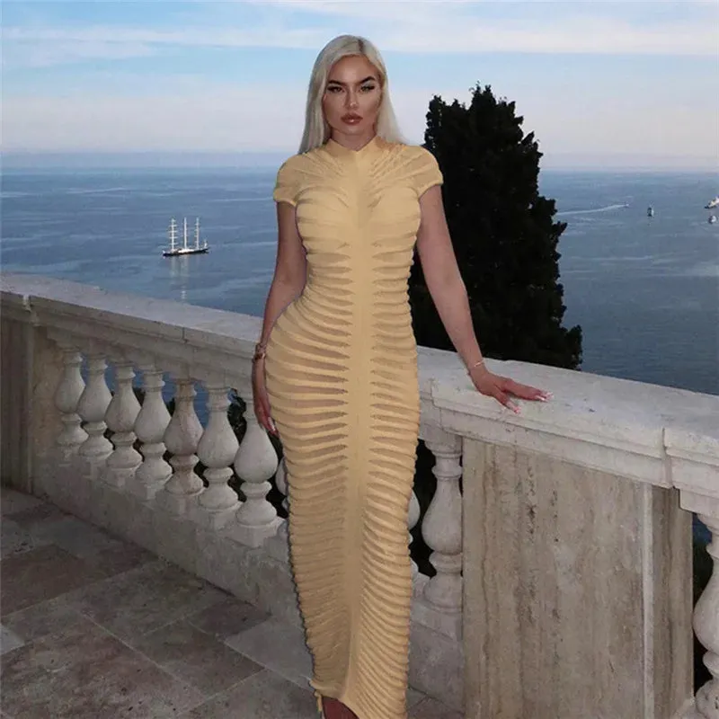 Perspective Knitting Pleated Long Summer Nightclub Sexy Midi Dress