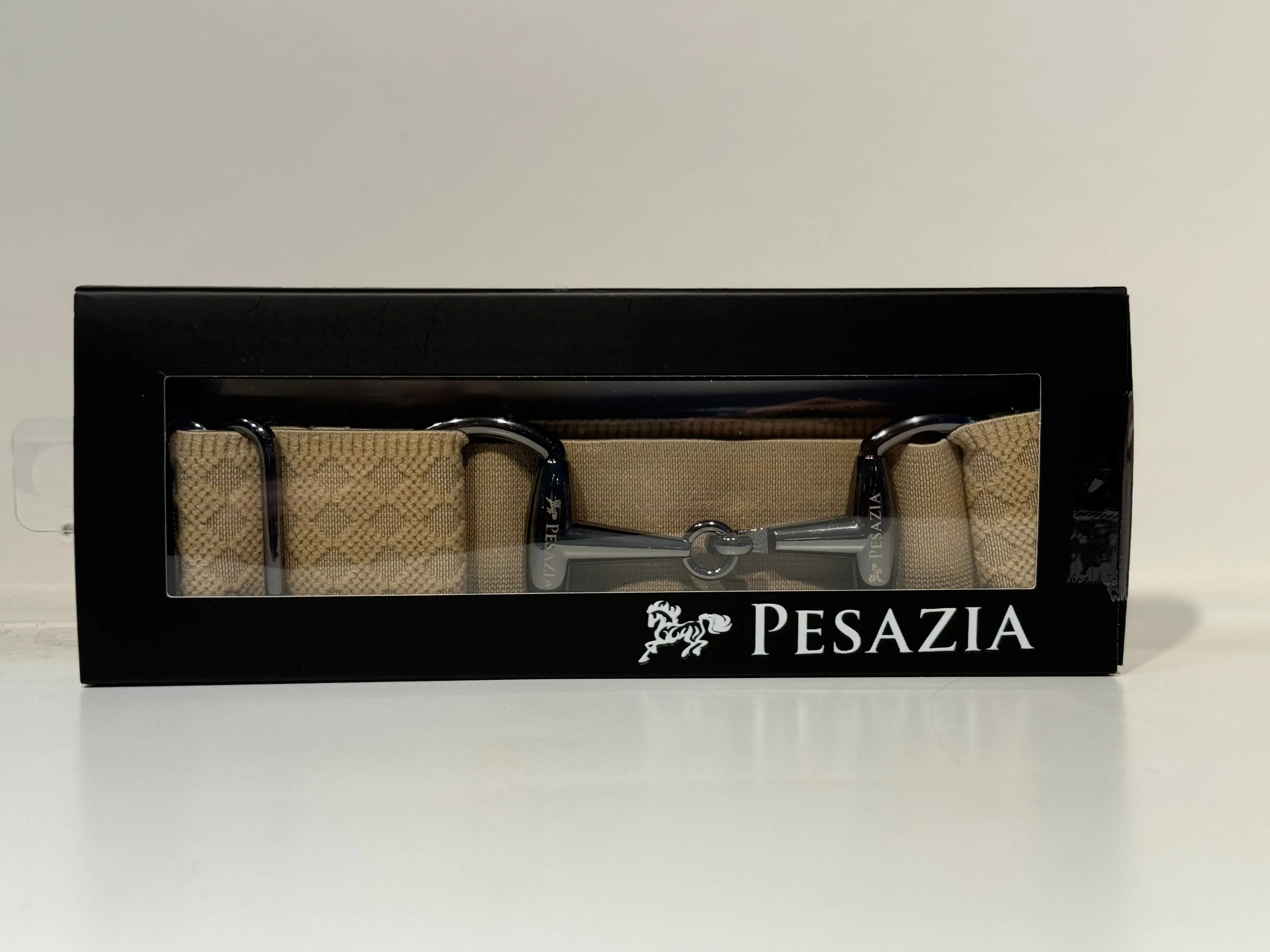 Pesazia - Logo Stretch Bit Belts - Beige Textured w/ Black Snaffle Bit