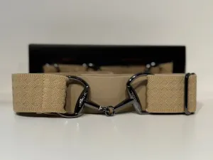 Pesazia - Logo Stretch Bit Belts - Beige Textured w/ Black Snaffle Bit