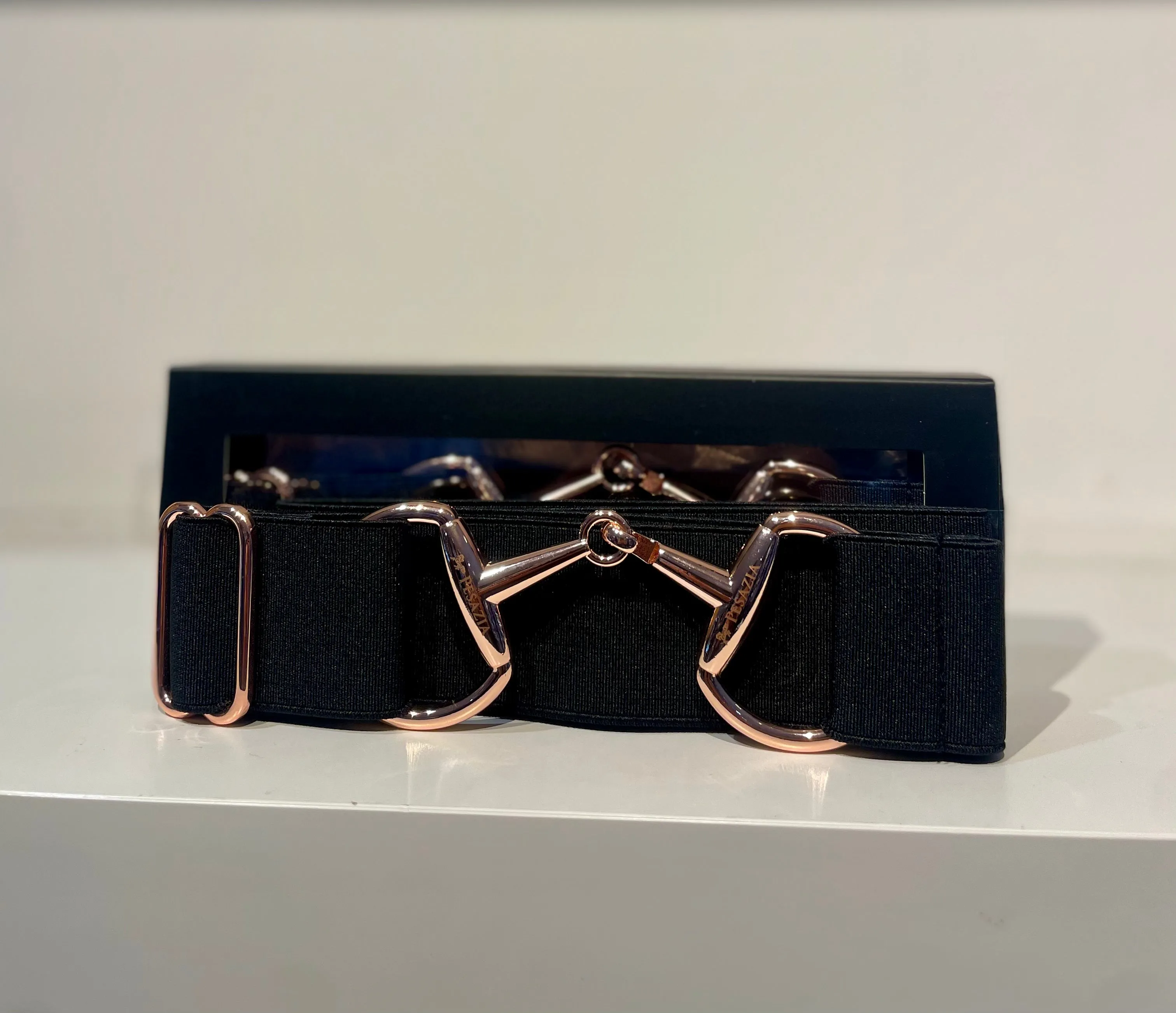 Pesazia - Logo Stretch Bit Belts - Black w/ Rose Gold Snaffle Bit