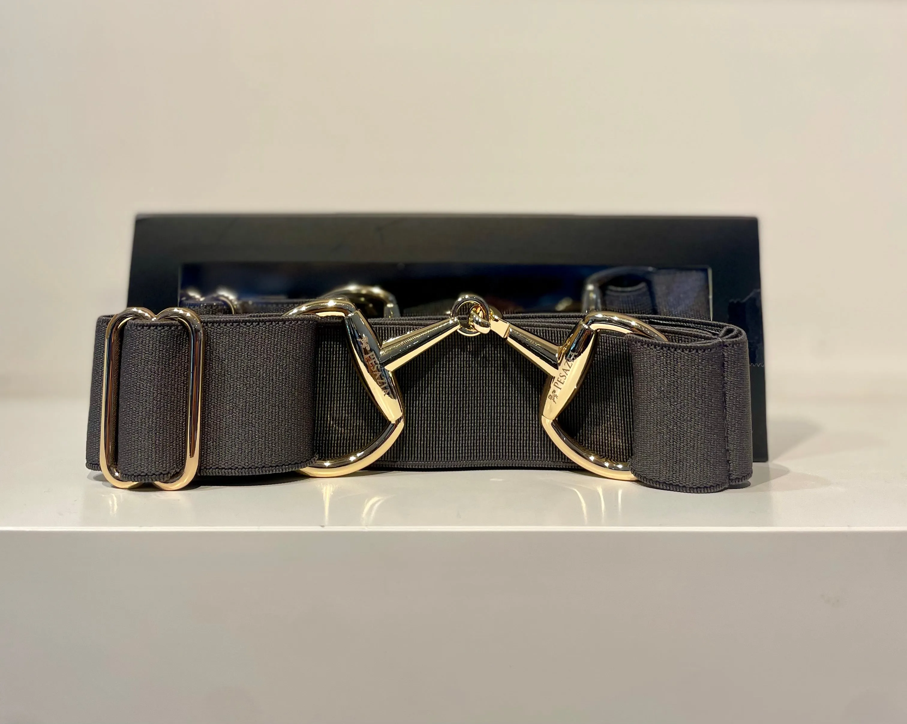 Pesazia - Logo Stretch Bit Belts - Grey w/ Gold Snaffle Bit