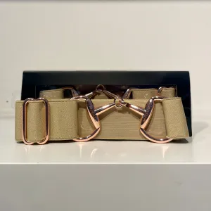 Pesazia - Logo Stretch Bit Belts - Taupe w/ Rose Gold Snaffle Bit