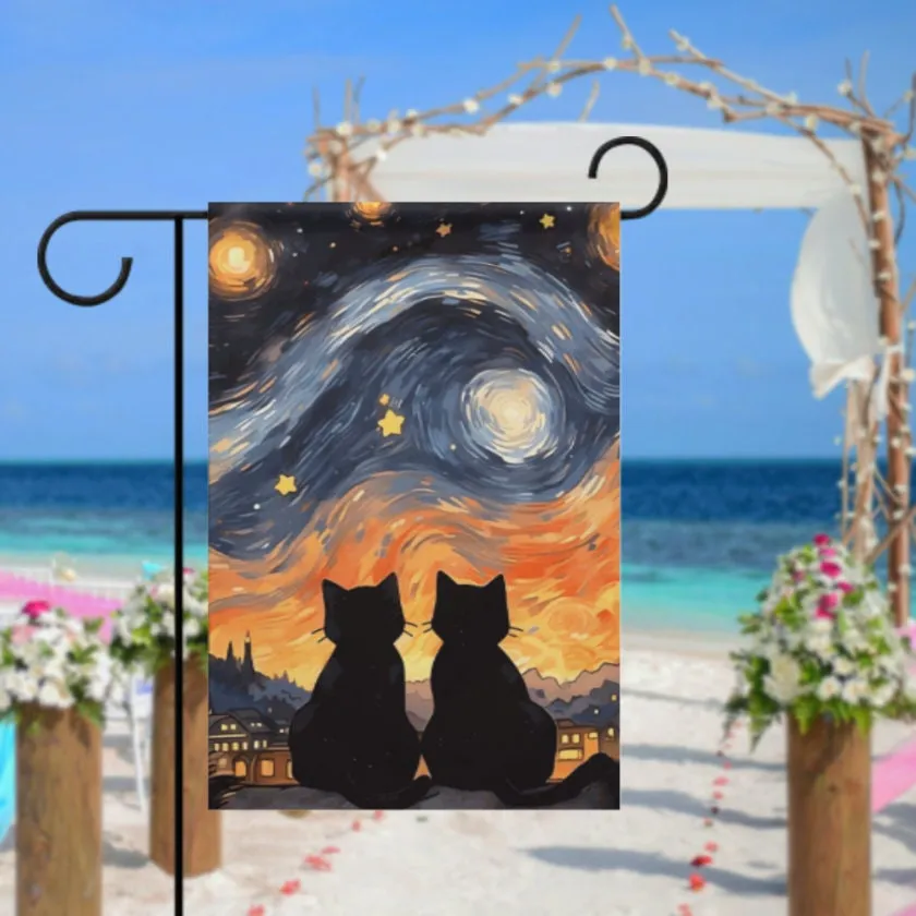 pet cat  garden flag ,cat garden Starry Night Yard Flags Double Sided, Cat Garden Flag, Black Cat flag , Kitty Garden Flag,