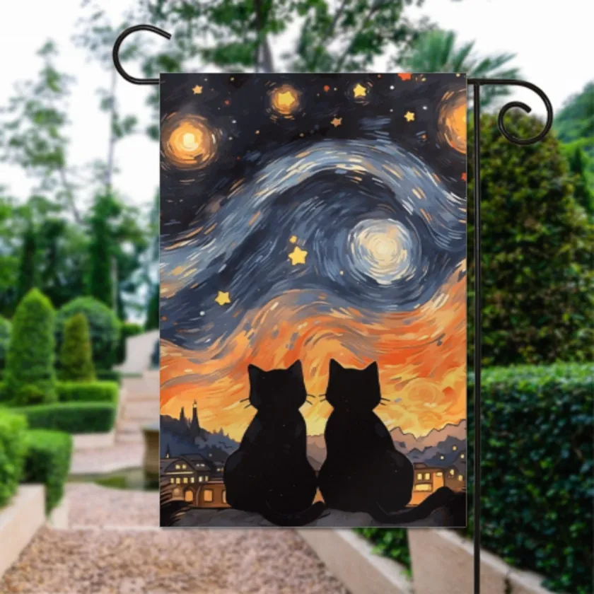 pet cat  garden flag ,cat garden Starry Night Yard Flags Double Sided, Cat Garden Flag, Black Cat flag , Kitty Garden Flag,