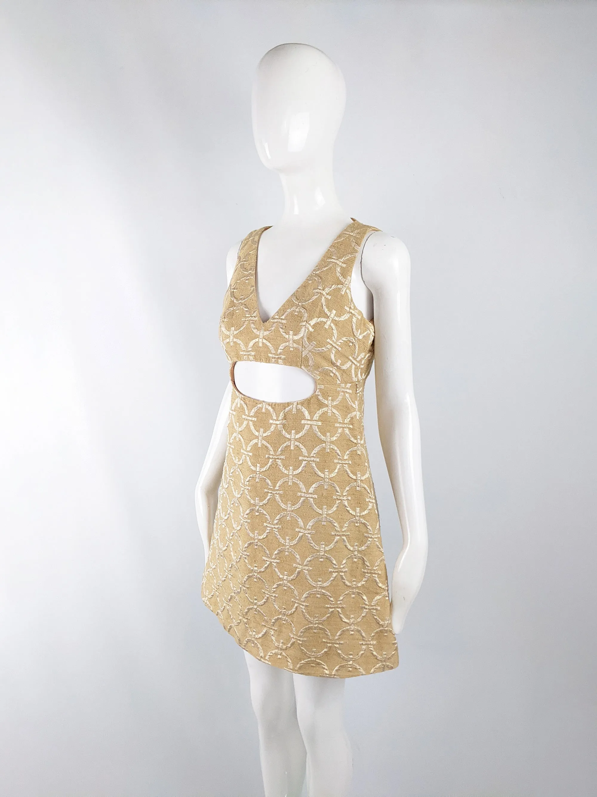 Peter Collins Vintage Gold Brocade Space Age Cut Out Dress, 1960s