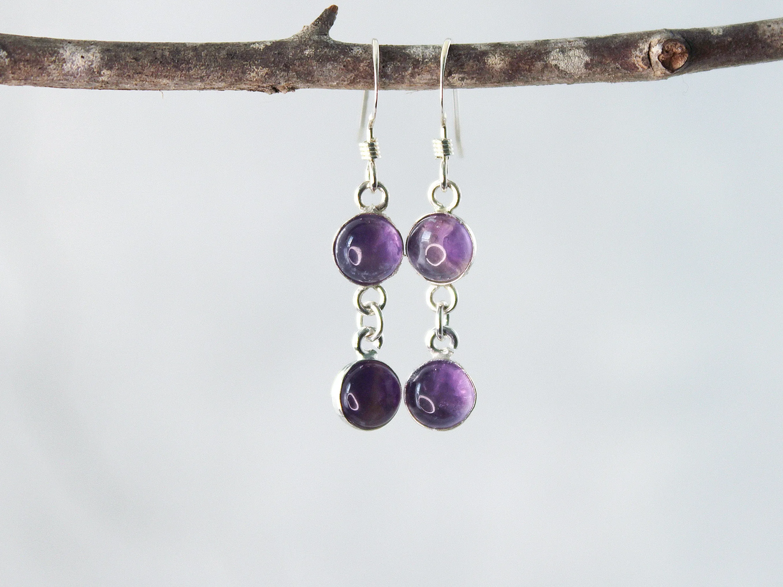 Petite Sterling Silver Two-Stone Purple Amethyst Earrings - Spiritual Elegance