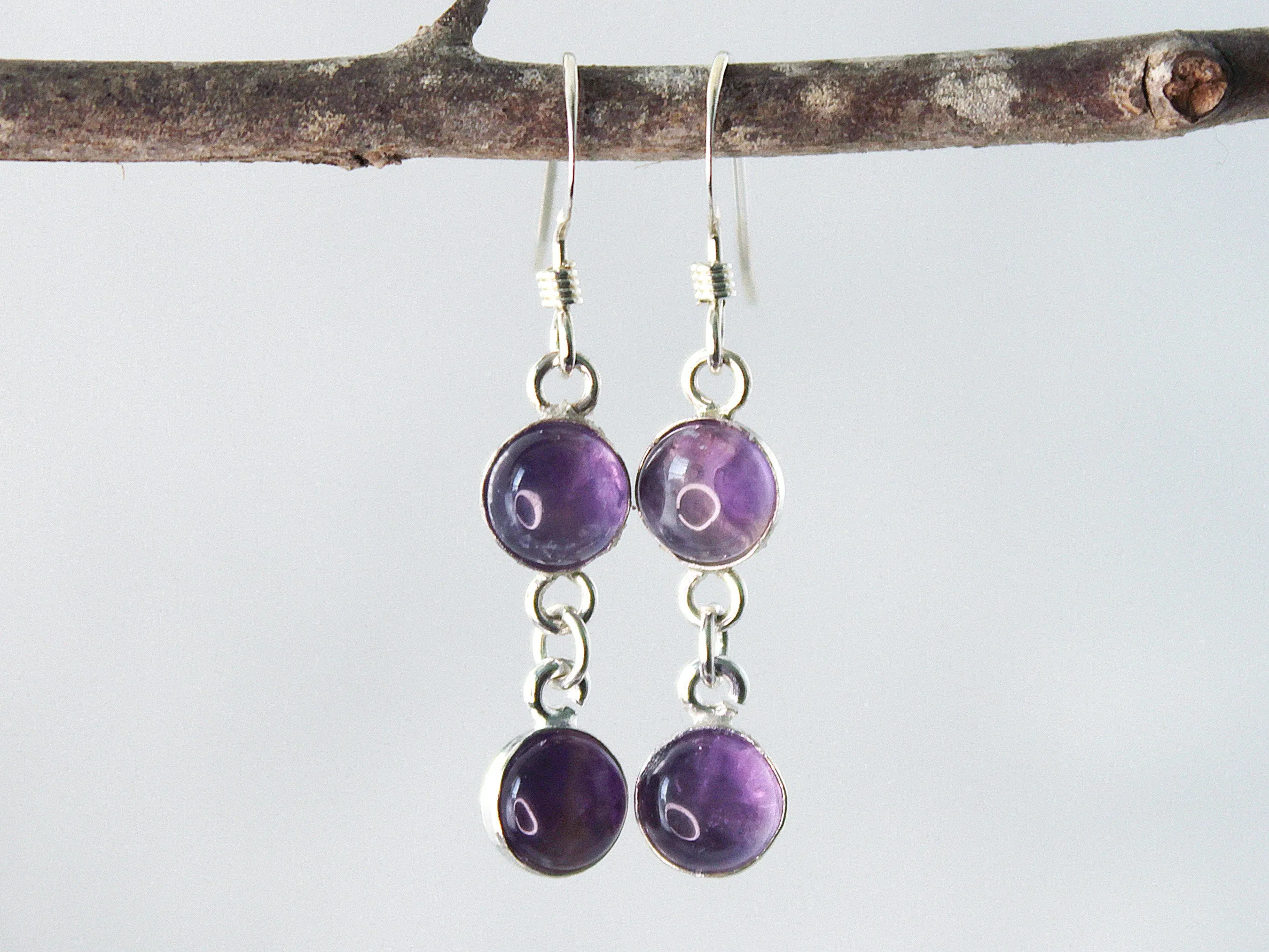 Petite Sterling Silver Two-Stone Purple Amethyst Earrings - Spiritual Elegance