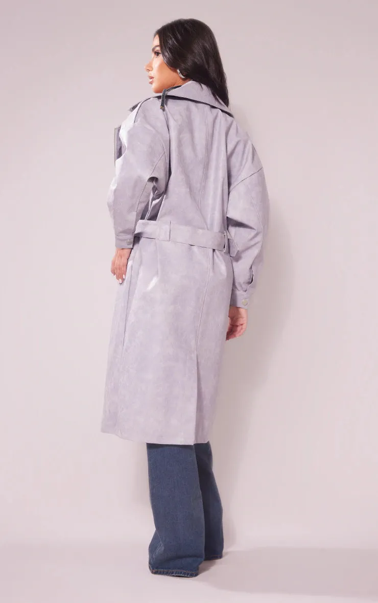 Petite Washed Grey Pu Biker Trench