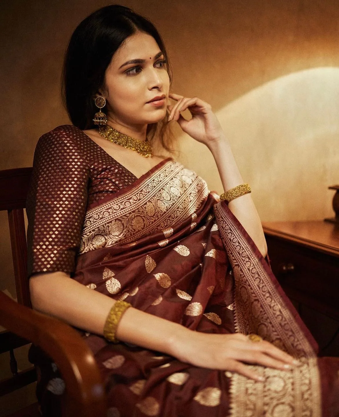 Petrichor Brown Soft Silk Saree With Moiety Blouse Piece