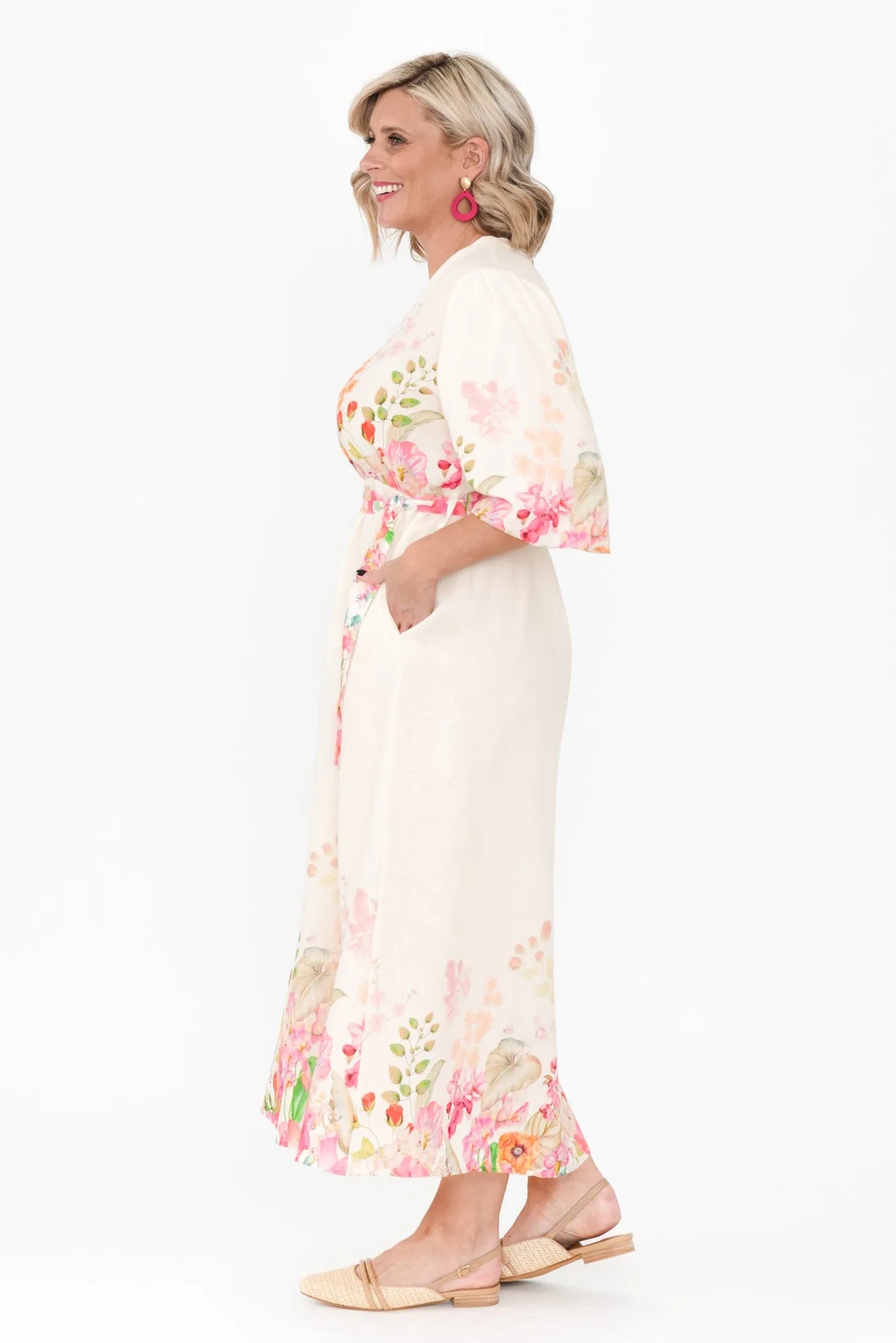 Petunia Cream Floral Linen Blend Dress