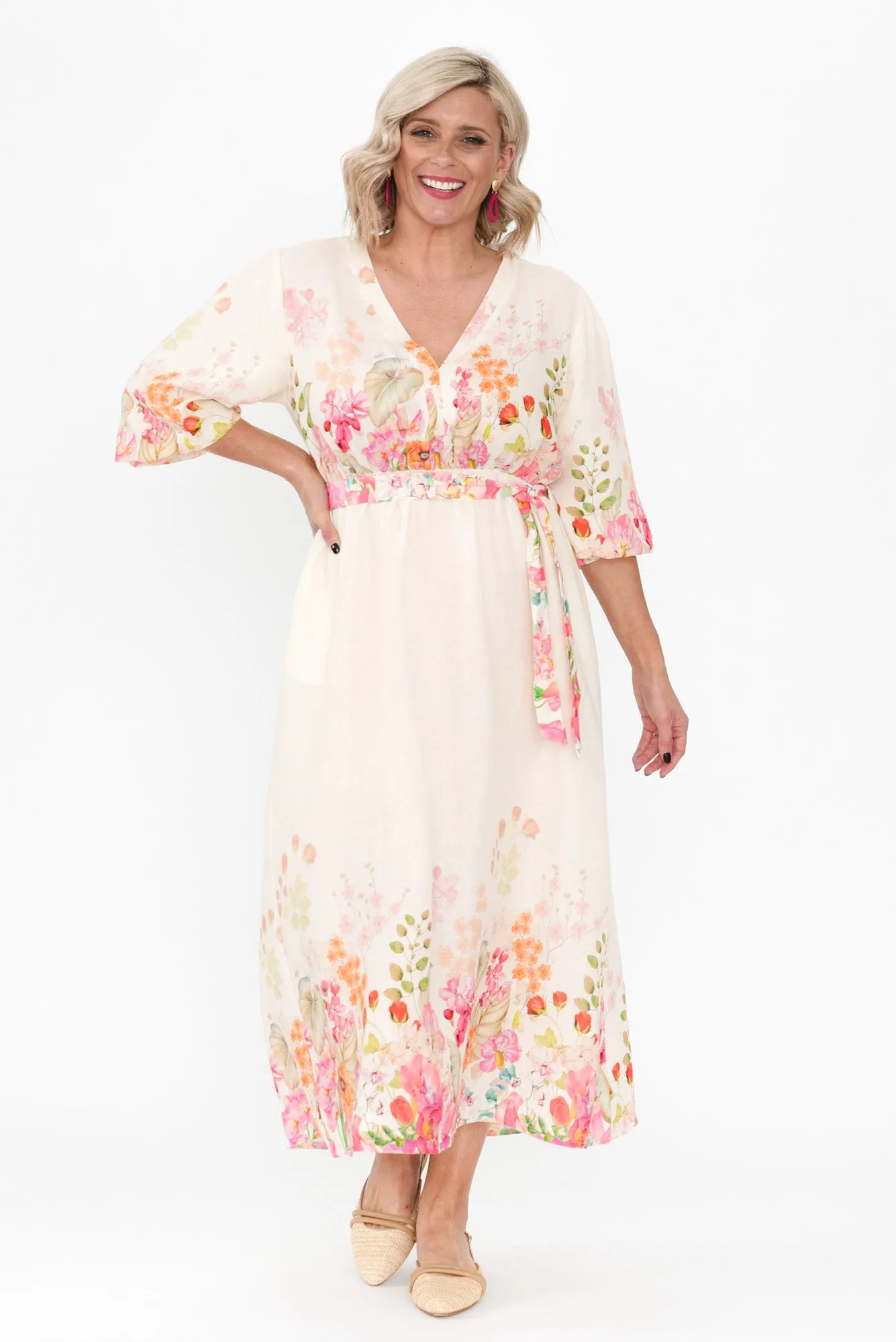 Petunia Cream Floral Linen Blend Dress