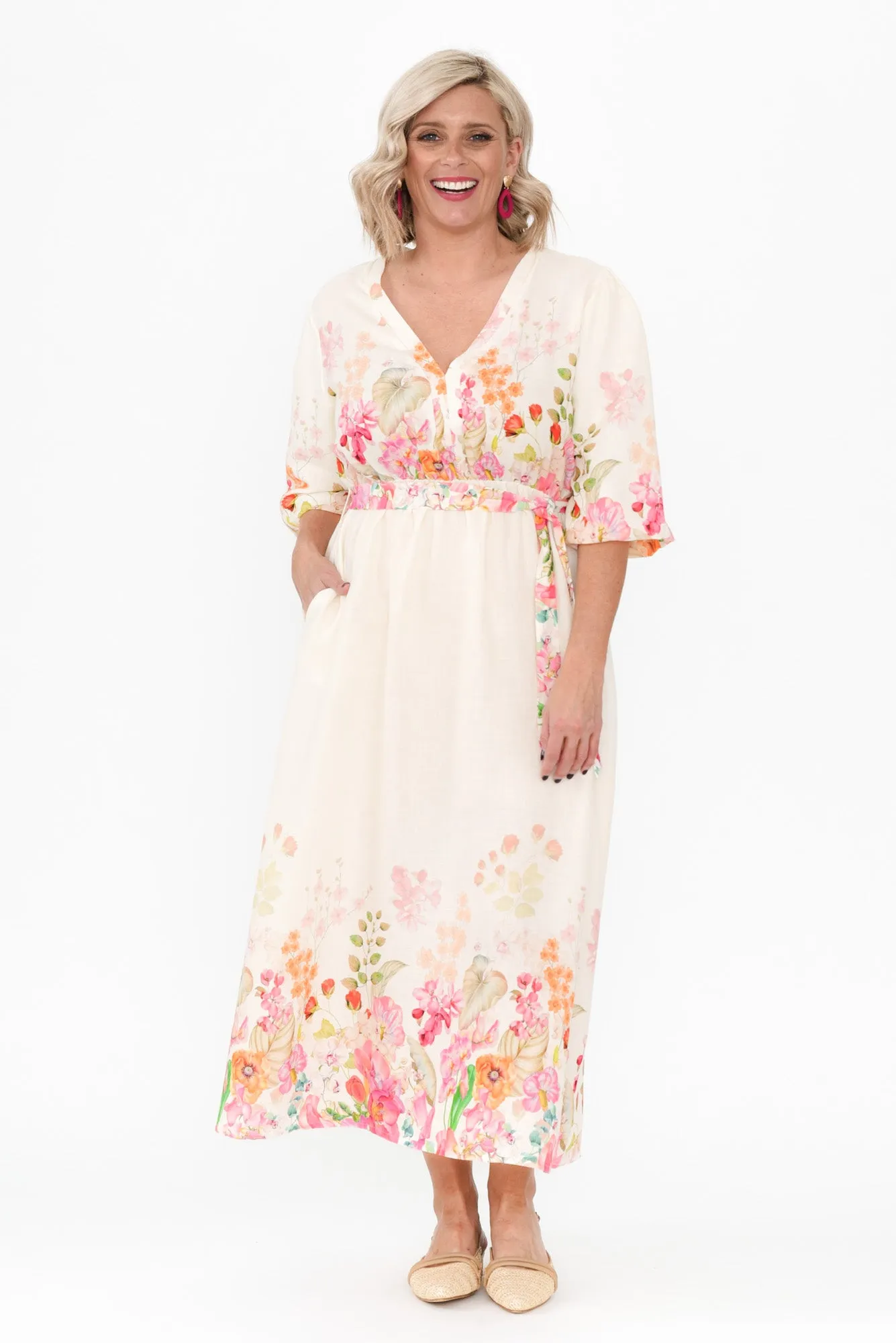 Petunia Cream Floral Linen Blend Dress