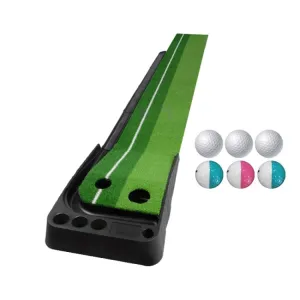 PGM Golf Putting Mat Push Rod Trainer 3m, with Three Soft Balls & Three Bicolor Balls & Auto Ball Return Fairway (Green)