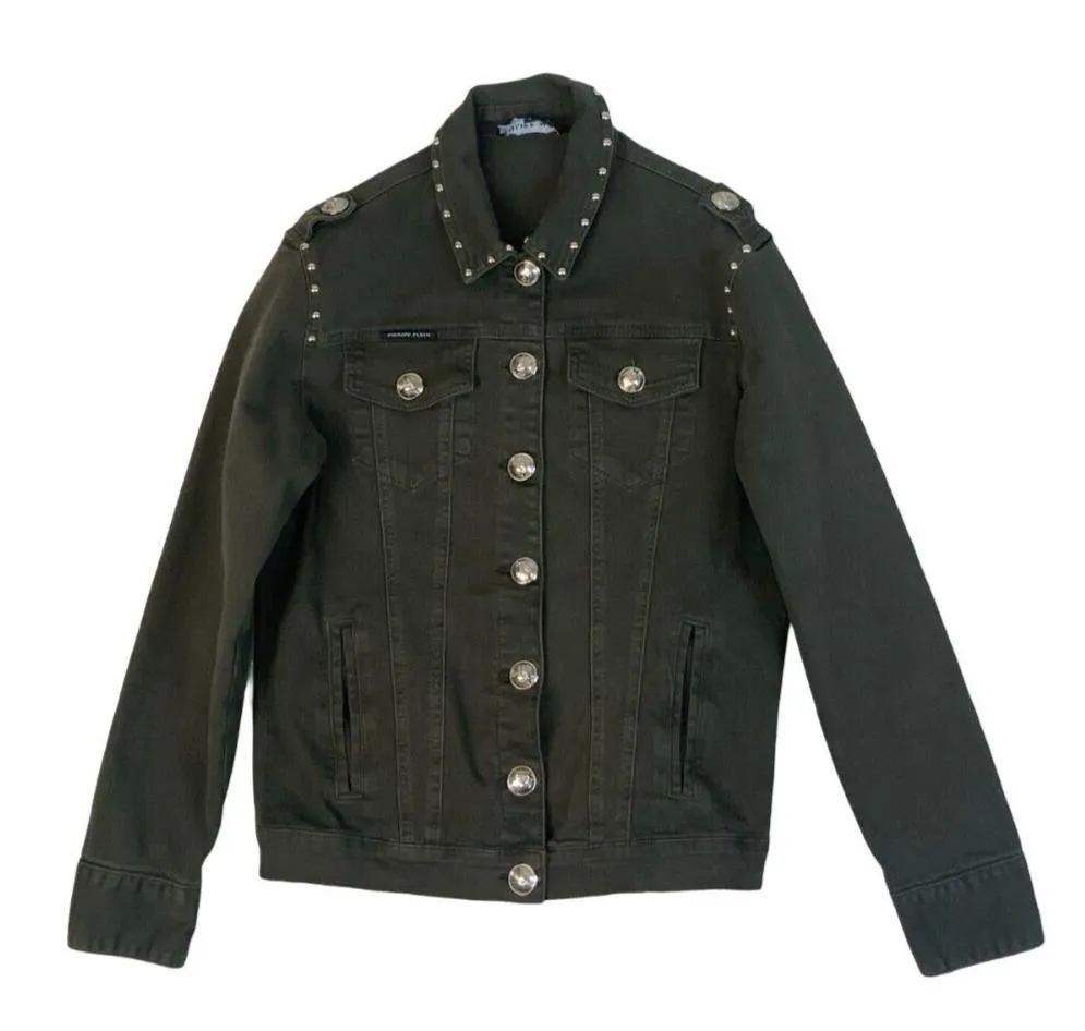 PHILIPP PLEIN COUTURE STUDDED DENIM JACKET DARK GREEN SIZE S