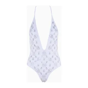 Philipp Plein White Rhinestone Embellished Swimsuit